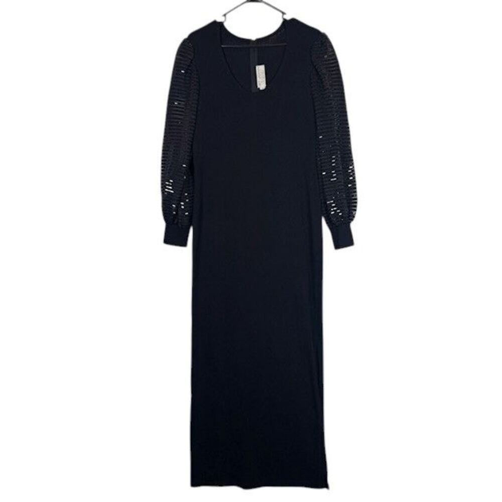 St. John Evening Santana Knit Wool Blend Maxi Dress Black with Shimmer Sleeves 8